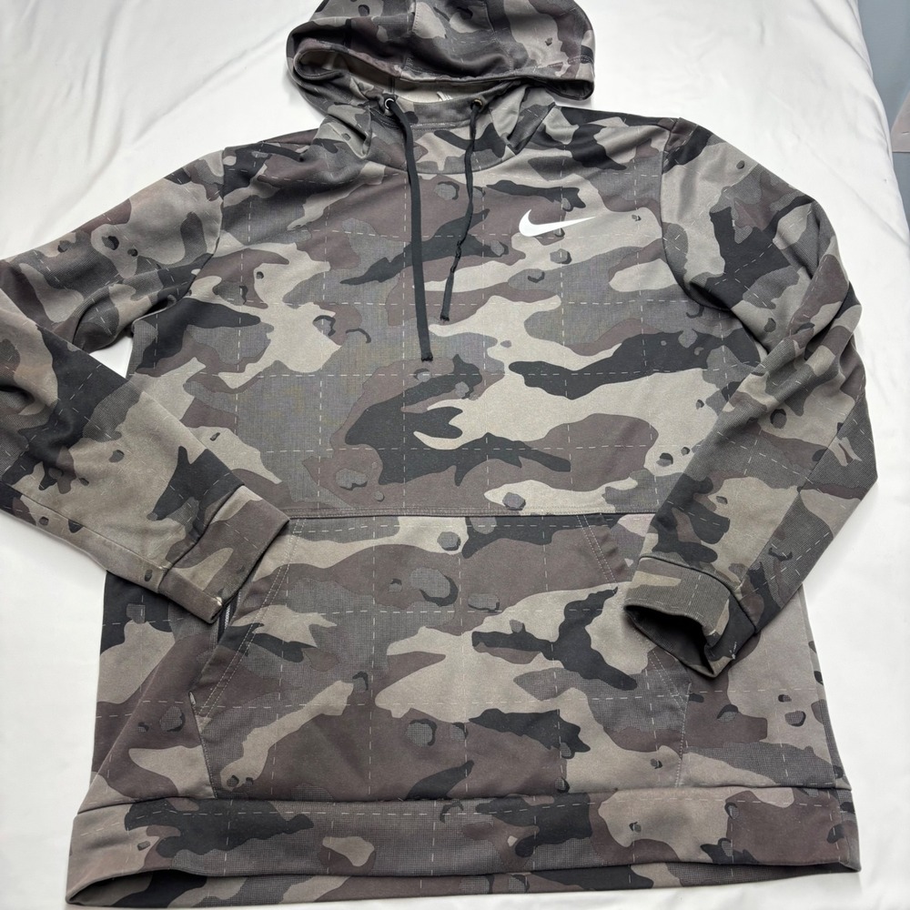 Nike Therma-FIT Grey Camo Grid Pullover Hoodie Mens Large Swoosh Training Sweat